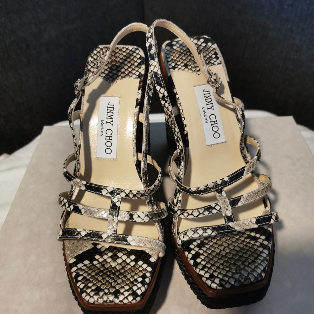 Jimmy Choo Strappy Snakeskin Heels in Black and White